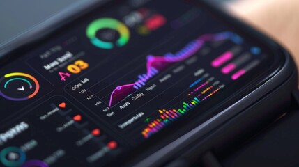 Poster - A close-up shot of a smartwatch displaying a colorful array of health data, including graphs, charts, and numerical readings.
