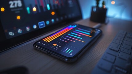 Poster - A modern smartphone displaying data visualization charts sits on a desk next to a laptop and a wireless keyboard.