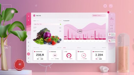 A computer screen displaying a clean and modern user interface design with colorful fruit and vegetable graphics. The screen shows various data and metrics, including charts and graphs, with a focus