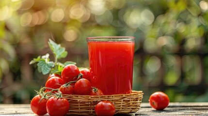 Wall Mural - Ripe red tomatoes in a wicker basket alongside a glass of tomato juice