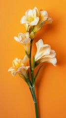 A single stem of white freesia flowers on an orange background