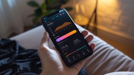 Poster - A person is holding a smartphone with a graph and statistics on the screen while lying in bed at night.