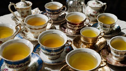 Wall Mural - A mismatched collection of antique teacups filled with fragrant chamomile tea