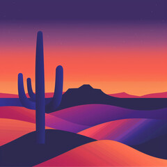 Wall Mural - Generate a vector graphic depicting a desert landscape at sunset. Include a large cactus, rolling sand dunes, and a vibrant sky transitioning from orange to purple. Emphasize stylized forms and flat a
