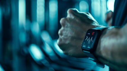 Poster - A close-up shot of a persons wrist wearing a smartwatch during an exercise workout. The smartwatch screen displays a heart rate monitor graph.