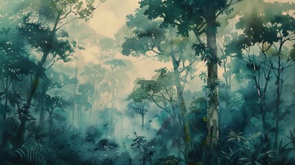 Wall Mural - rainforest with towering trees and lush watercolor art