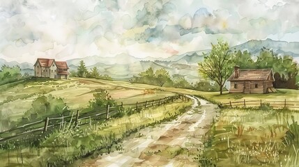 countryside dirt road and old farmhouses watercolor art