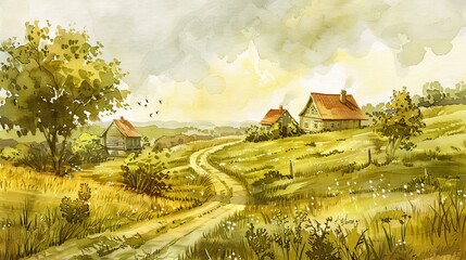 countryside dirt road and old farmhouses watercolor art