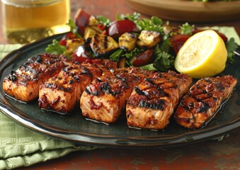 Wall Mural - Delicious Grilled Salmon Fillets with Fresh Lemon and Mixed Vegetables Served on a Plate - Perfect Dinner Recipe for Seafood Lovers