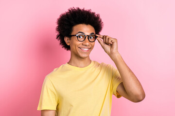 Sticker - Photo of pretty adorable guy dressed yellow t-shirt arm eyewear smiling isolated pink color background