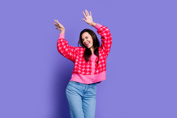 Sticker - Photo of shiny attractive lady dressed pink cardigan having fun empty space isolated violet color background