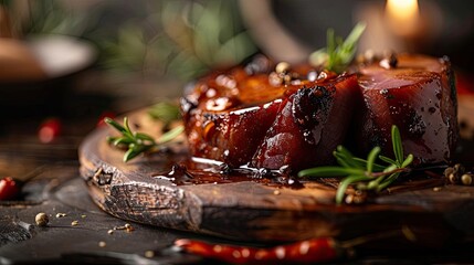 Wall Mural - Delicious, juicy roasted pork tenderloin on a wooden board, garnished with rosemary and peppercorns. Perfect for a cozy dinner setting.