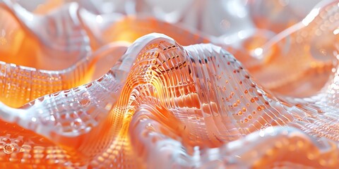 macro, 3d, glass organic forms, close-up ribbed plastic object, depth of field, pastel, neon orange, monochromatic figures, minimalist, shimmering metallics, blur background 2:1 for banner