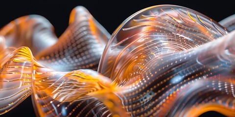 macro, 3d, glass organic forms, close-up ribbed plastic object, depth of field, pastel, neon orange, monochromatic figures, minimalist, shimmering metallics, blur background 2:1 for banner