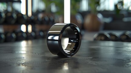 Poster - A close-up of a black smart ring lying on a grey surface in a gym setting.
