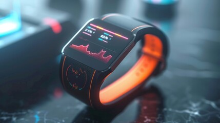 Poster - A close-up of a modern smartwatch with a black band and an orange accent on the band, displaying data on a black screen. The smartwatch is resting on a marble surface.