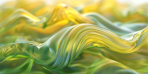 macro, 3d, glass organic forms, close-up ribbed plastic object, depth of field, pastel, neon yellow, green, monochromatic figures, minimalist, shimmering metallics, blur background 2:1 for banner