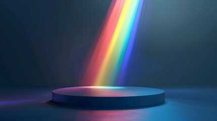 Wall Mural - Empty navy display podium with rainbow light ray and reflections on minimal dark blue navy background, show stage pedestal for miracle, fantasy successful product curation and display