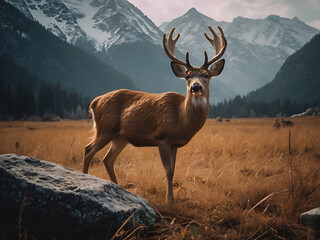 A deer standing on grass hill next to majestic mountains and forest with the view of sky and clouds