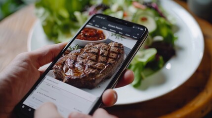 A person uses a smartphone to browse a grilled steak recipe while enjoying a salad on a white plate.