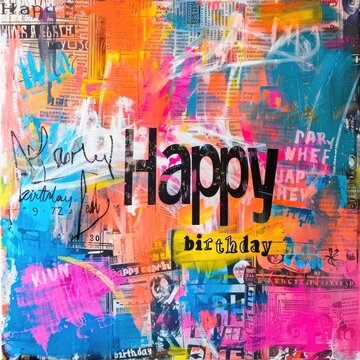 Joyous birthday collage, featuring heartfelt text happy birthday, vibrant celebration capturing special moments and cherished memories, personalized tribute to mark occasion with love and happiness.