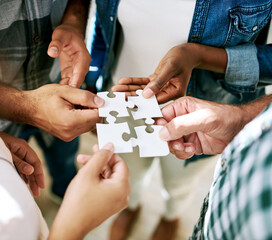 Wall Mural - Hands, group and jigsaw for connection, solution and circle with collaboration for creativity at startup. People, team and scrum with puzzle for problem solving, solidarity or link for synergy at job