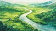 © fledermausstudio - river cutting through a lush green valley watercolor art