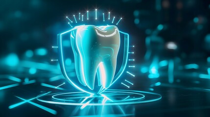 Wall Mural - 3. Design a holographic scene illustrating a tooth surrounded by a glowing shield, representing fortified dental health and protection.