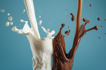 Wall Mural - Generative AI Image of Milk with Flavor Chocolate and Vanilla is Poured on Blue Background