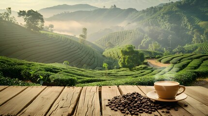 a cup of coffee on a wooden table in the morning with a plantation in the background