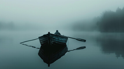 Wall Mural - A single rowboat floating on a misty lake at dusk, with an indistinct, shadowy figure seated inside. The water is still and the surrounding area is featureless, enhancing the mysterious and foreboding