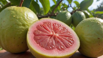 Fresh Ripe Guava Fruits on Wooden Table