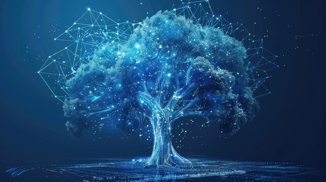 network connection technology or big data concept, blue cyber polygon tree with futuristic elements AI generated