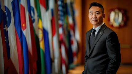 The picture of the asian man is working as the diplomat inside the room that has been filled with many national flag, the diplomat require skill like Negotiation, Communication and Leadership. AIG43.