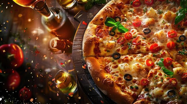 Delicious freshly baked pizza with toppings, served on a wooden table with drinks and seasonal decor in a cozy ambiance.