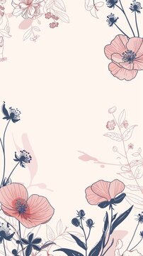 illustration of pink and blue stylized flowers in a geometric border pattern on a light pink background, copy space, card
