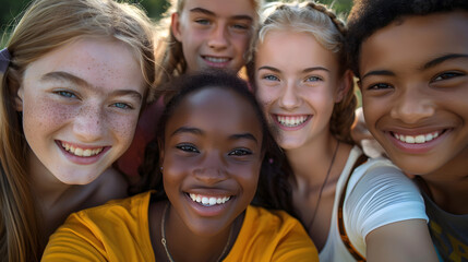 Diverse group of happy young best friends having fun taking a selfie photo together - international youth community people concept with multiethnic teenage people smiling at camera.