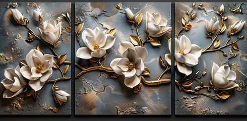 3d abstract relief painting of white flowers on textured background, three panels for home decoration