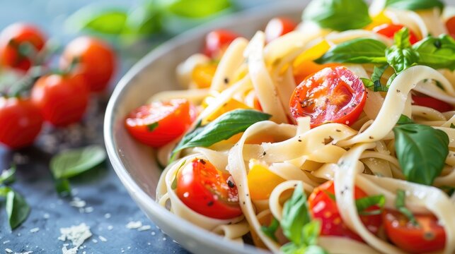 Pasta with fresh cherry tomatoes and basil