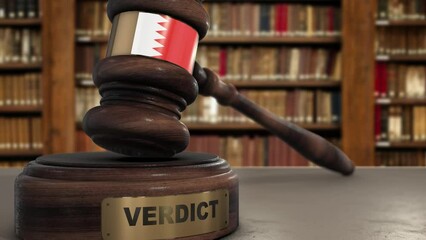 Wall Mural - Bahrain Flag on Judge Gavel or Hammer in Court with Word Verdict. Judge Verdict, Law Concept