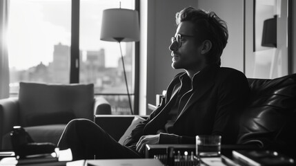 Poster - a man in a minimalist, monochromatic outfit sits in a sleek apartment, exuding luxurious simplicity.