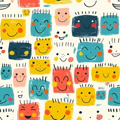 Wall Mural - A sweet depiction of happy faces, featuring simple, cheerful lines and bright, vibrant colors, capturing the delightful and imaginative style of a kindergartener's artwork. Minimal pattern banner