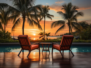 Sticker - Wonderful Silhouette palm tree with umbrella and chair around beautiful luxury swimming pool