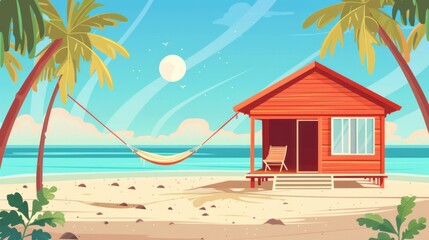 Poster - Tropical beach house with hammock and palm trees in the background, perfect for a relaxing getaway vacation