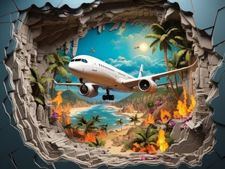 Awesome Travel illustration with airplane flying and tree palms