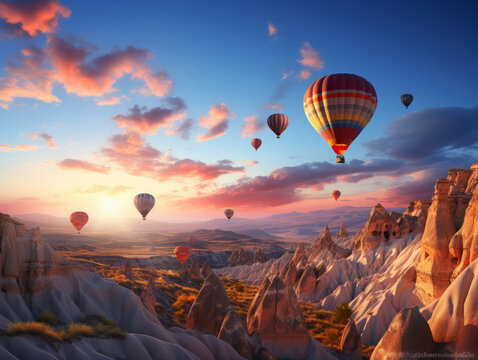 Awesome Set of colored balloons flying above the ground in cappadocia, turkey