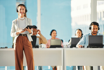 Poster - Portrait of happy woman, call center or team leader with tablet in customer service or telemarketing. Contact, sales or consultant agent coworking with smile or technology for online tech support