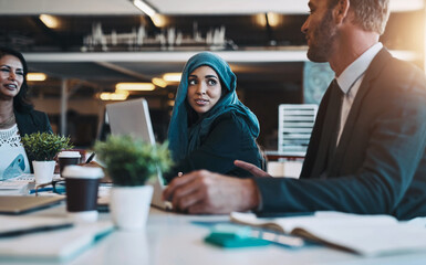 Poster - Business people, meeting and discussion by laptop in office for planning, brainstorming or listen to idea. Man, women and diversity in workplace for problem solving, solution or team in collaboration
