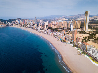 Wall Mural - Aerial view of sand beach and city Benidorm, Spain