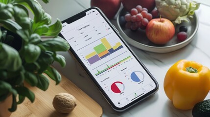 Poster - A smartphone displaying data charts and graphs lies on a table with fresh fruit, suggesting a connection between healthy eating and technology.